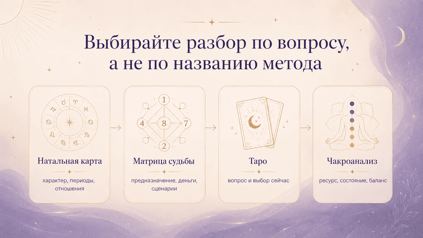 четыре направления НСЭР — натальная карта, Матрица судьбы, Таро и чакроанализ